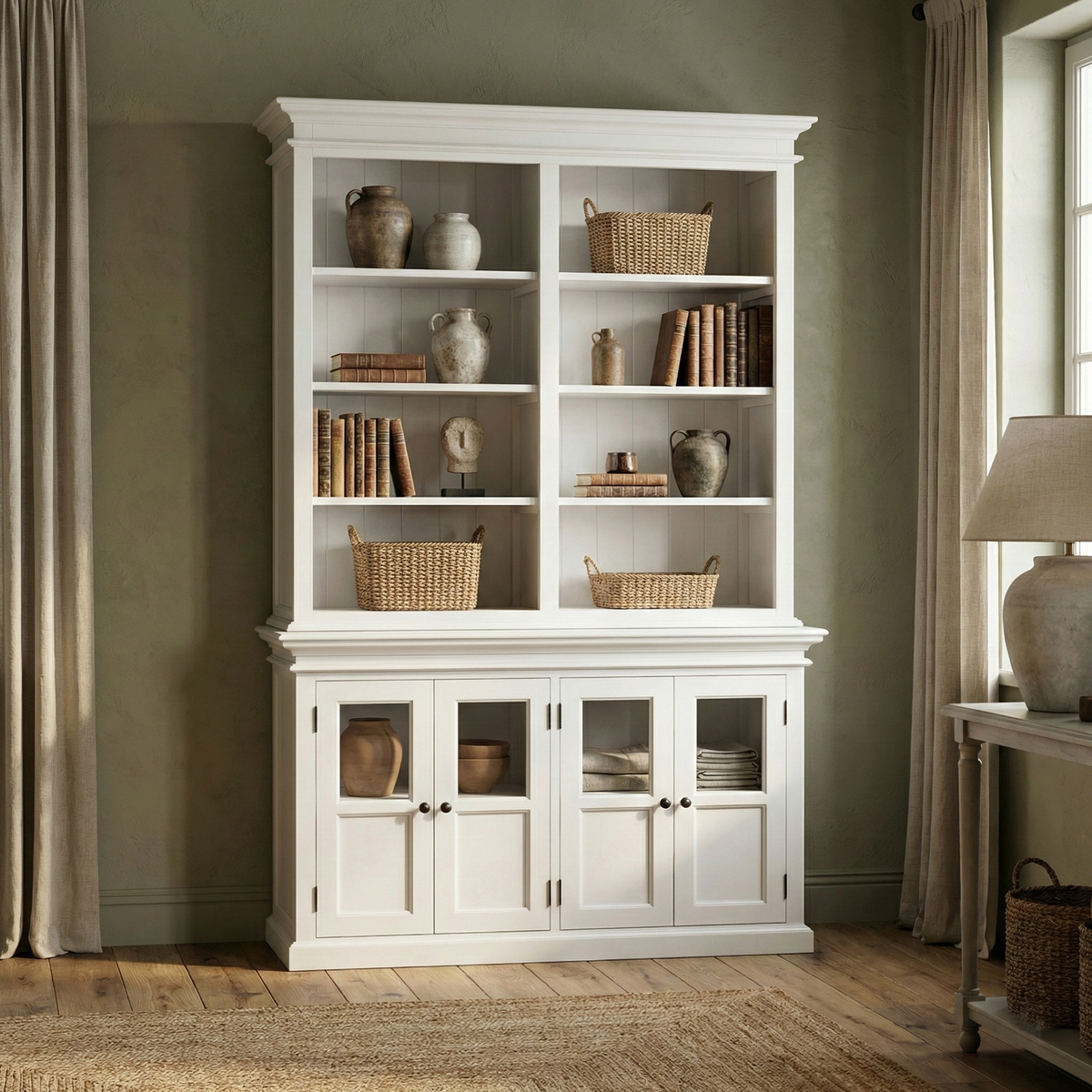 NovaSolo Halifax 57" Classic White Hutch Cabinet Unit With 4 Bevelled Glass Doors