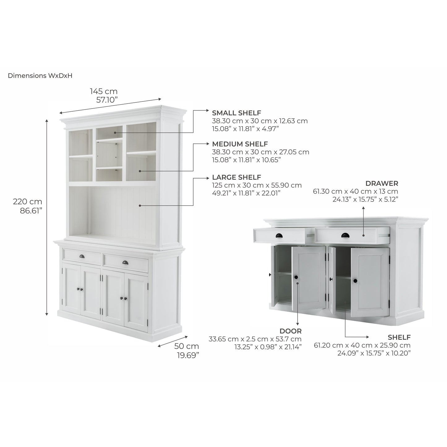 NovaSolo Halifax 57" Classic White Mahogany Buffet Hutch Cabinet With 4 Doors & 2 Adjustable Shelves