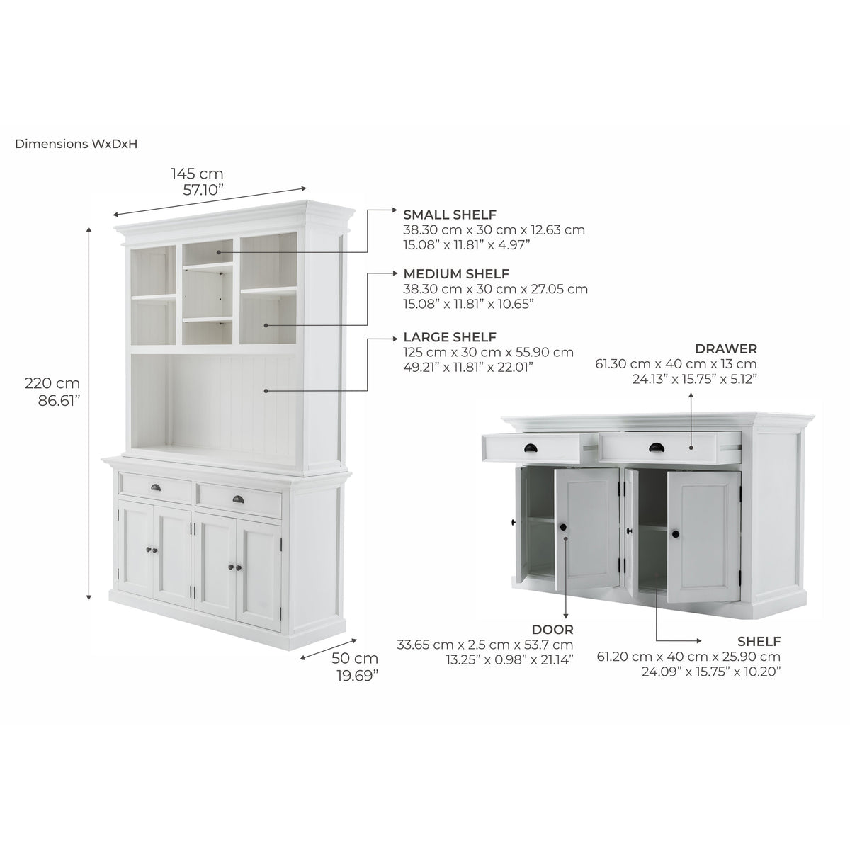 NovaSolo Halifax 57" Classic White Mahogany Buffet Hutch Cabinet With 4 Doors & 2 Adjustable Shelves