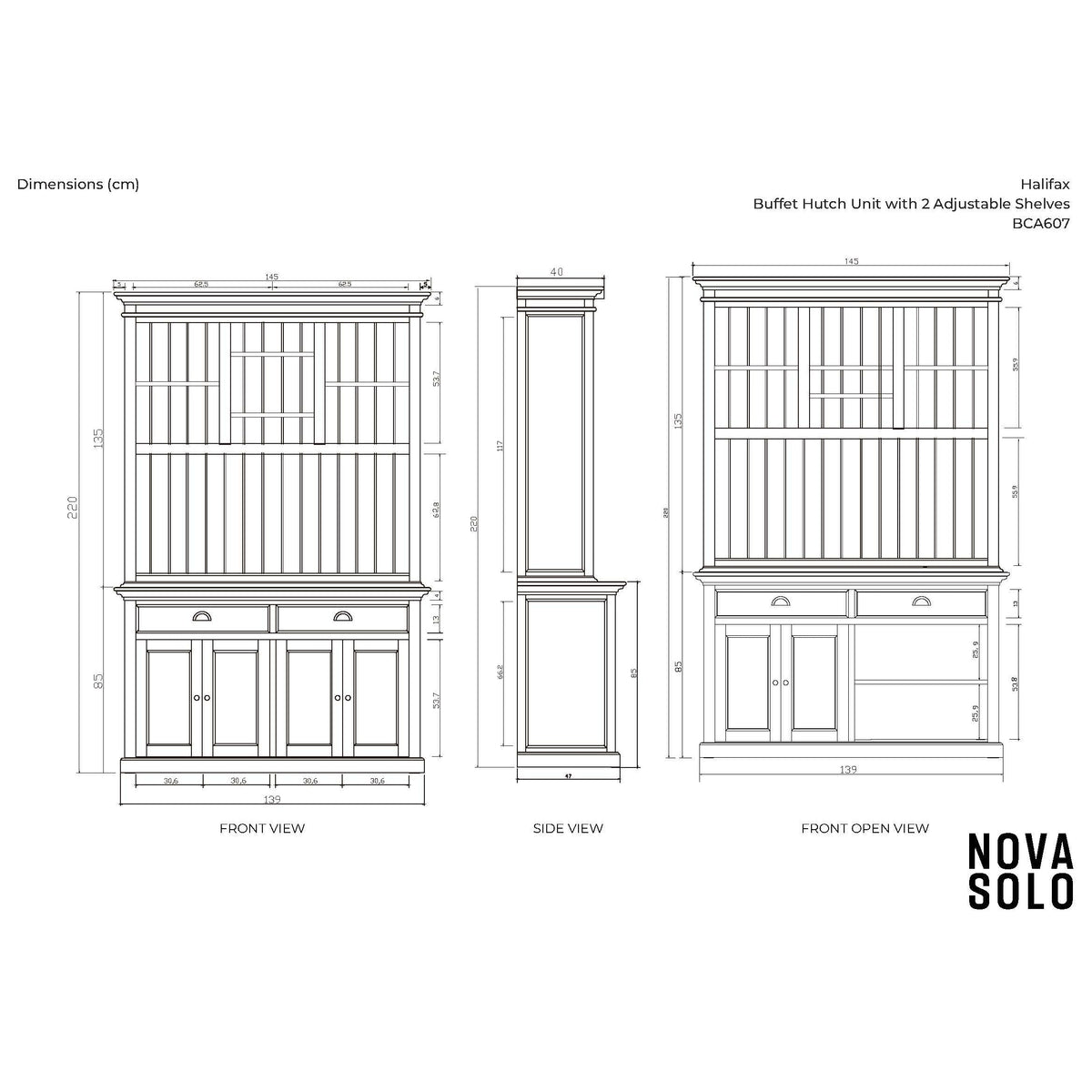 NovaSolo Halifax 57" Classic White Mahogany Buffet Hutch Cabinet With 4 Doors & 2 Adjustable Shelves