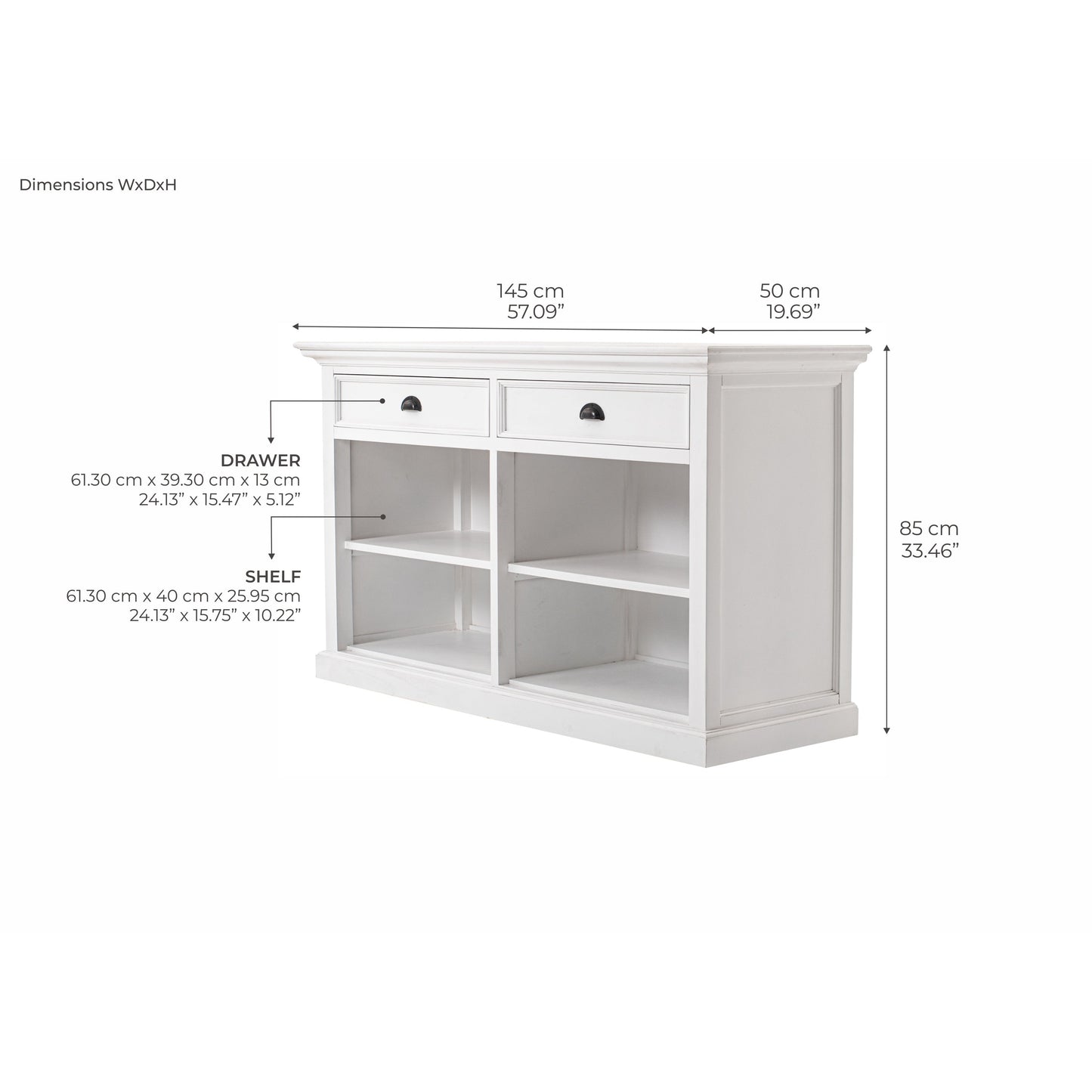 NovaSolo Halifax 57" Classic White Mahogany Buffet With 2 Drawers