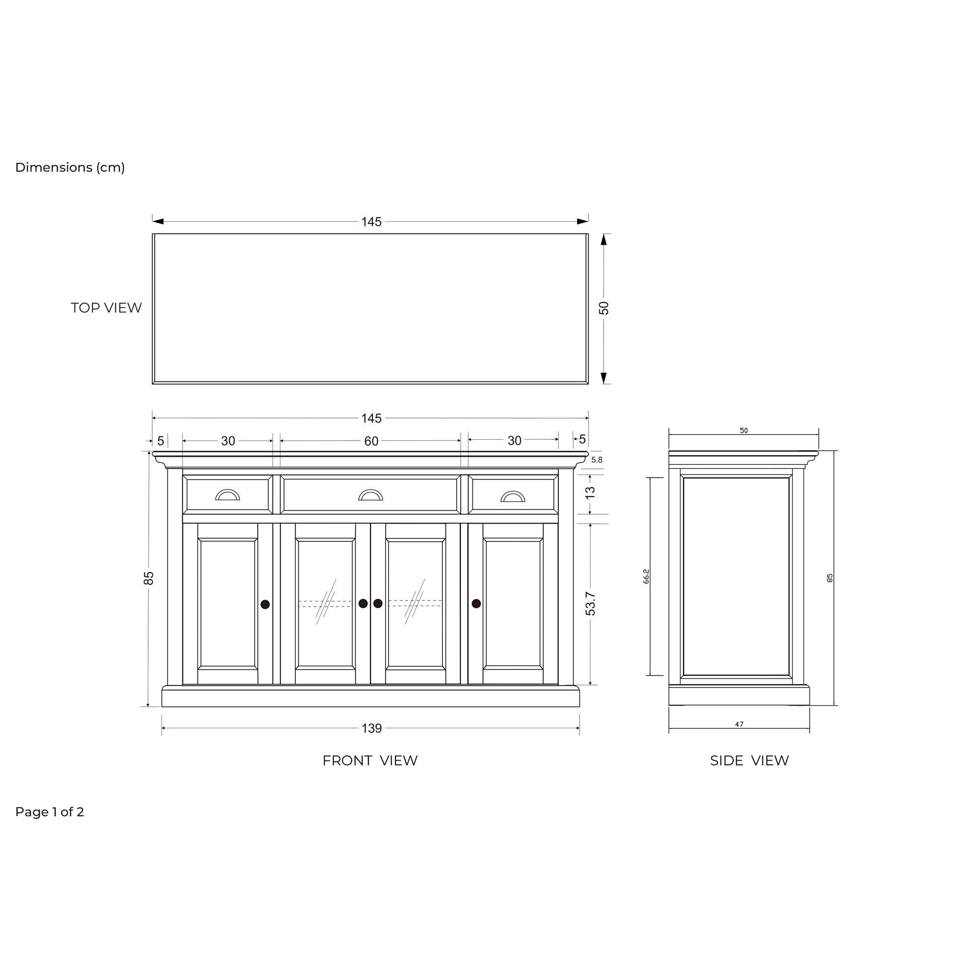 NovaSolo Halifax 57" Classic White Mahogany Buffet With 2 Glass/ Wooden Doors & 3 Drawers