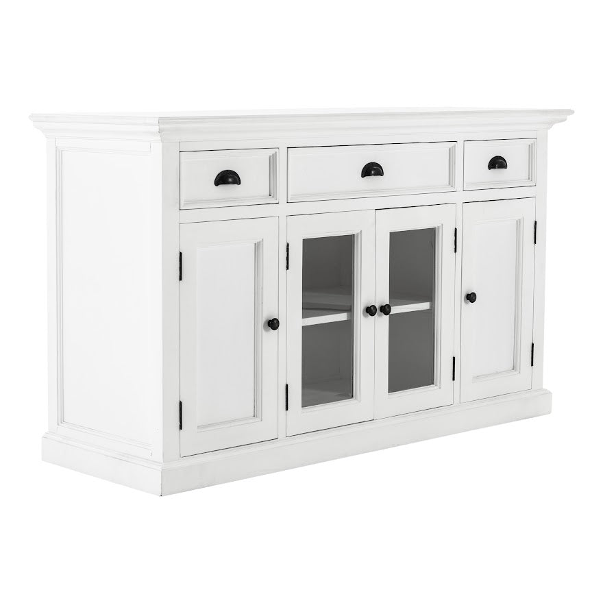 NovaSolo Halifax 57" Classic White Mahogany Buffet With 2 Glass/ Wooden Doors & 3 Drawers