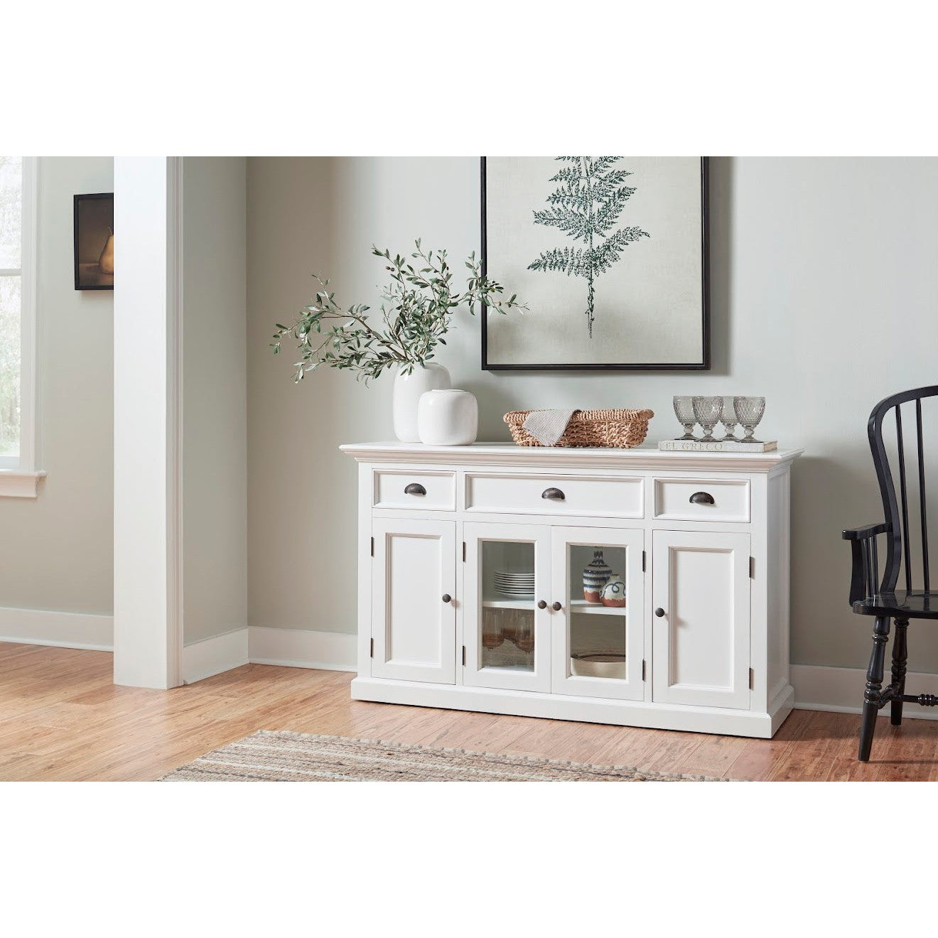 NovaSolo Halifax 57" Classic White Mahogany Buffet With 2 Glass/ Wooden Doors & 3 Drawers