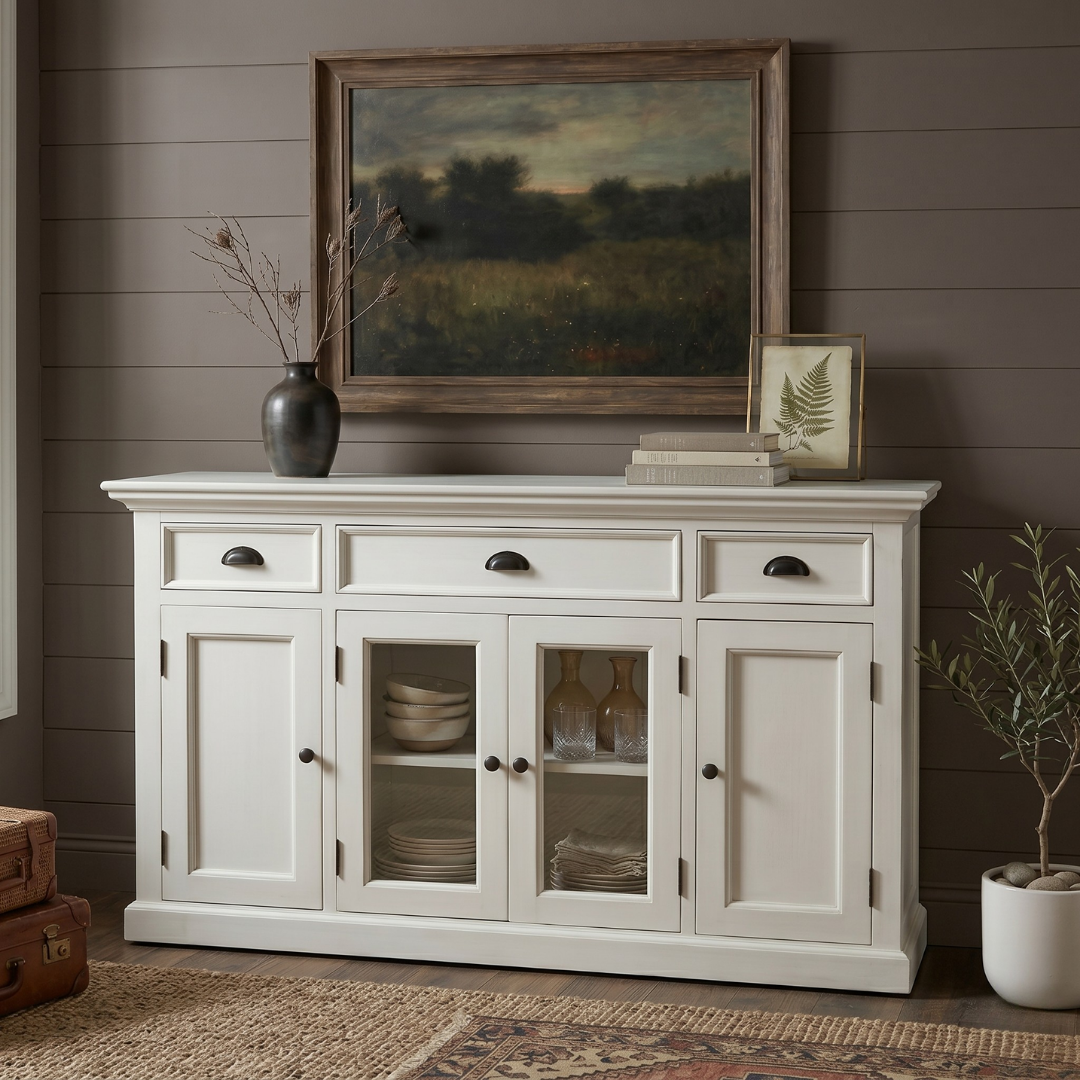 NovaSolo Halifax 57" Classic White Mahogany Buffet With 2 Glass/ Wooden Doors & 3 Drawers