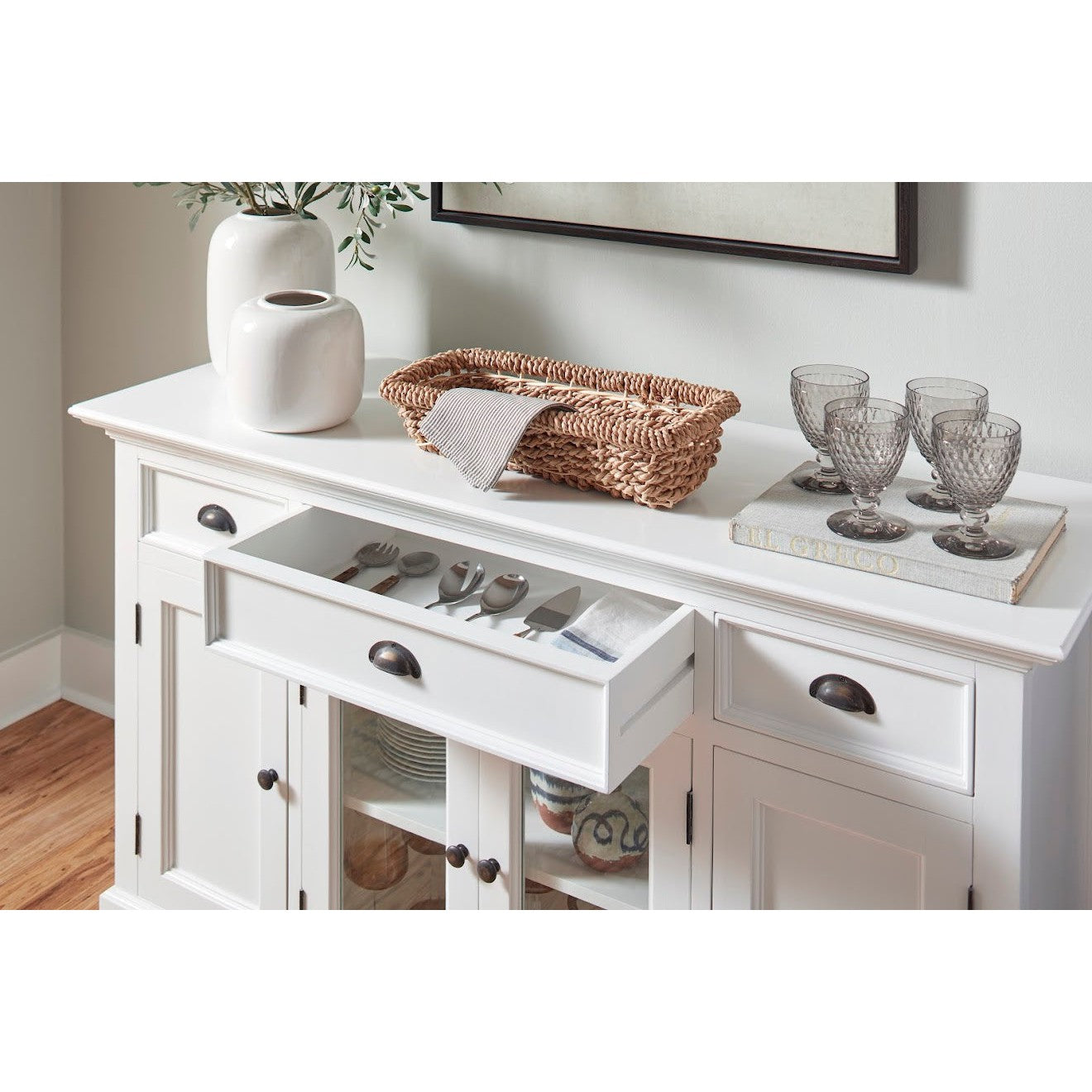 NovaSolo Halifax 57" Classic White Mahogany Buffet With 2 Glass/ Wooden Doors & 3 Drawers