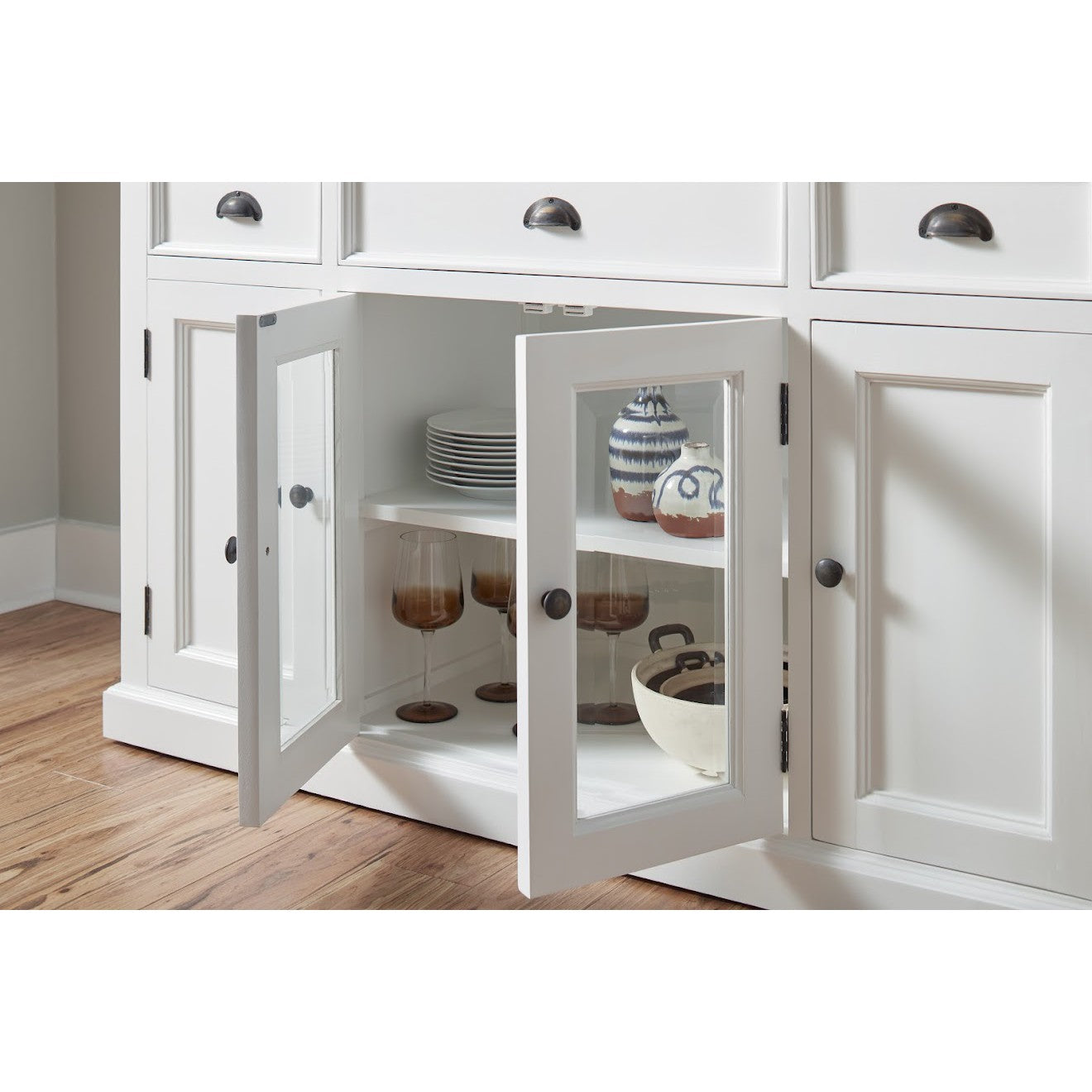 NovaSolo Halifax 57" Classic White Mahogany Buffet With 2 Glass/ Wooden Doors & 3 Drawers