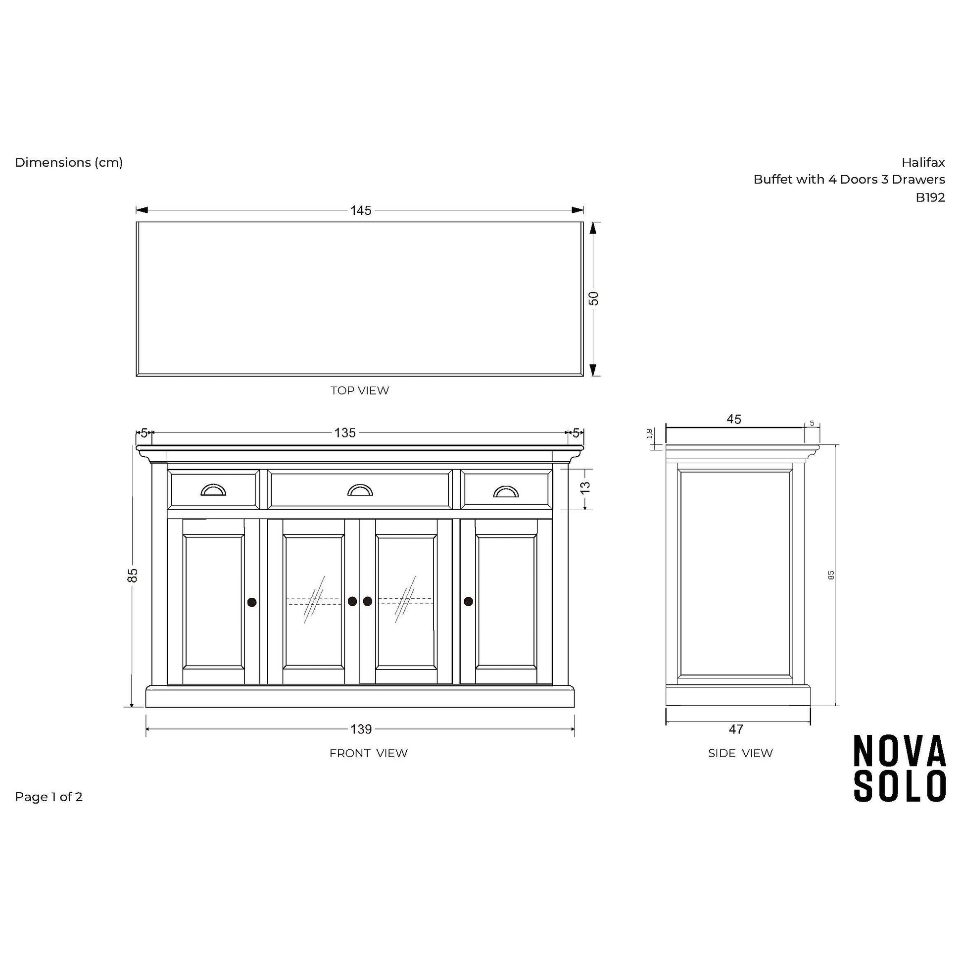 NovaSolo Halifax 57" Classic White Mahogany Buffet With 4 Doors & 3 Drawers