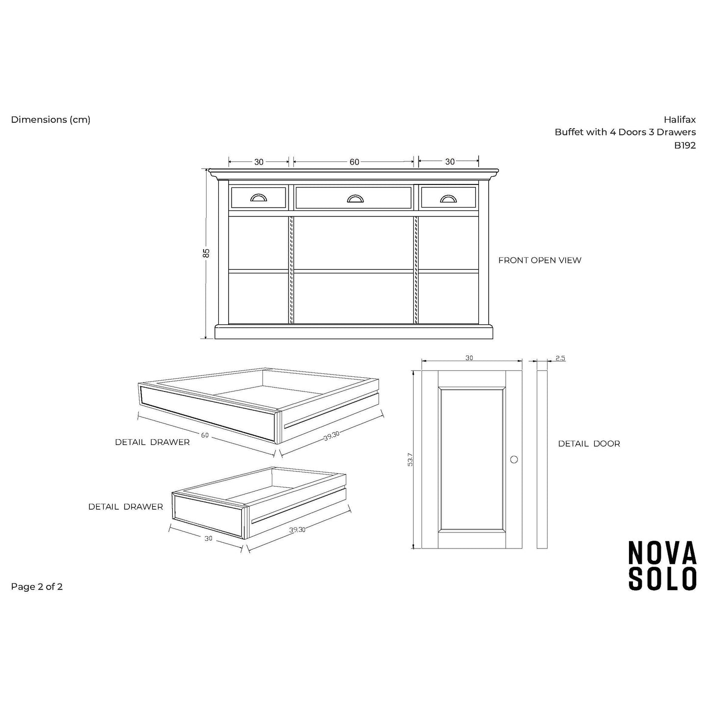 NovaSolo Halifax 57" Classic White Mahogany Buffet With 4 Doors & 3 Drawers