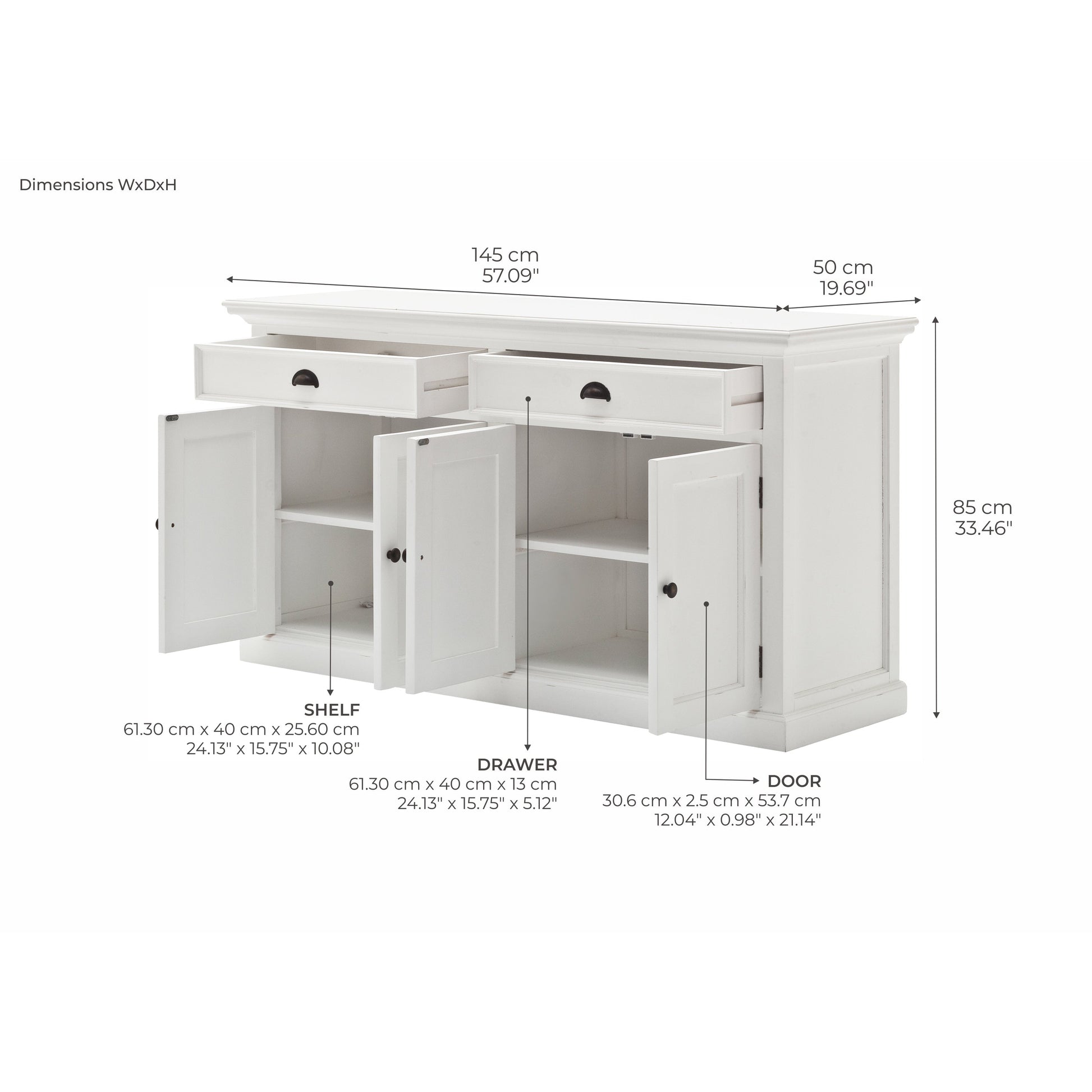 NovaSolo Halifax 57" Classic White Mahogany Buffet With 4 Doors & 3 Drawers