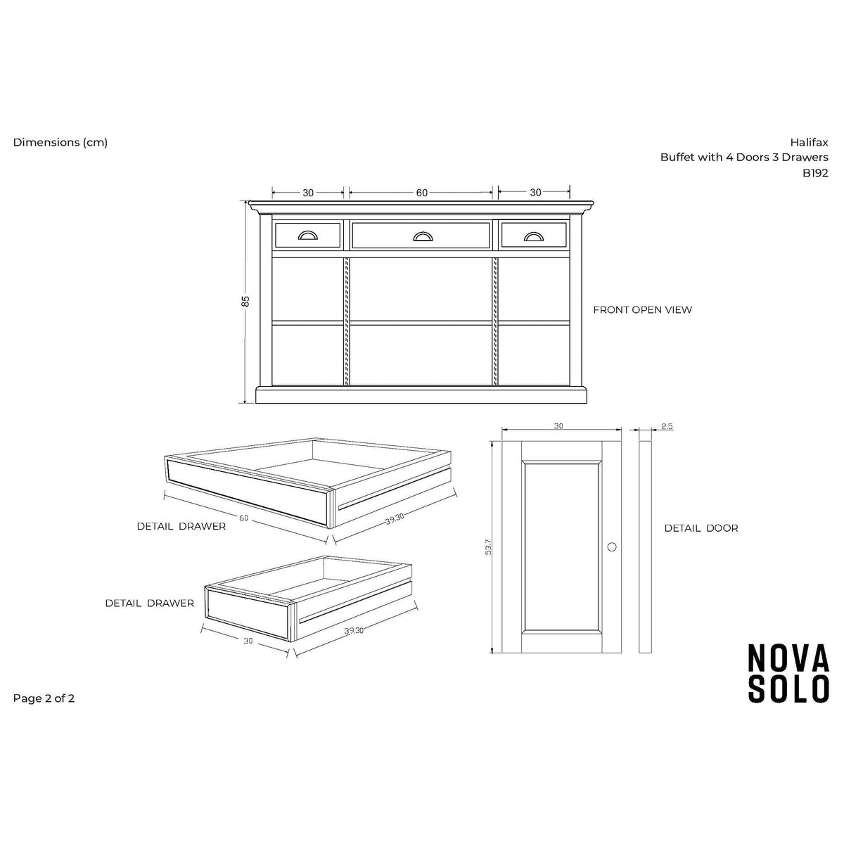 NovaSolo Halifax 57" Classic White Mahogany Buffet With 4 Doors & 3 Drawers
