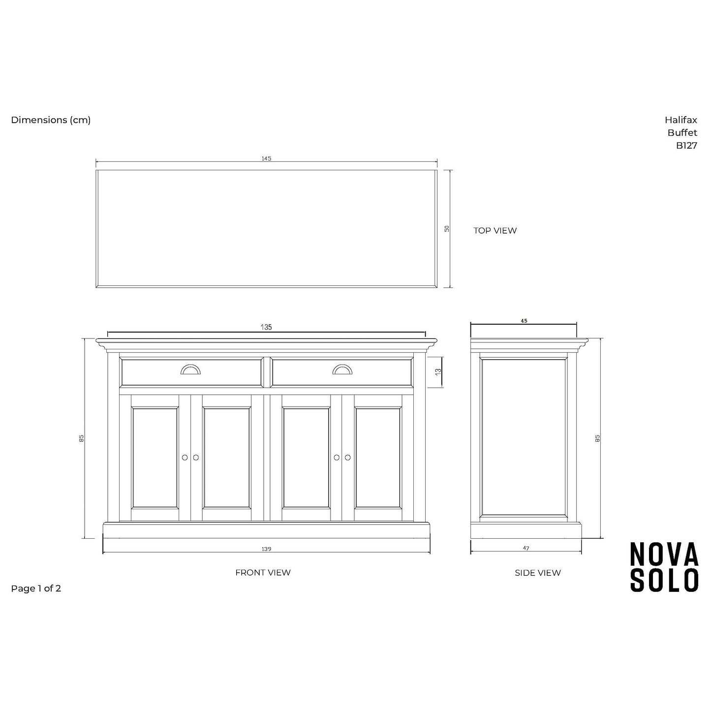 NovaSolo Halifax 57" Classic White Mahogany Buffet With 4 Doors & 3 Drawers