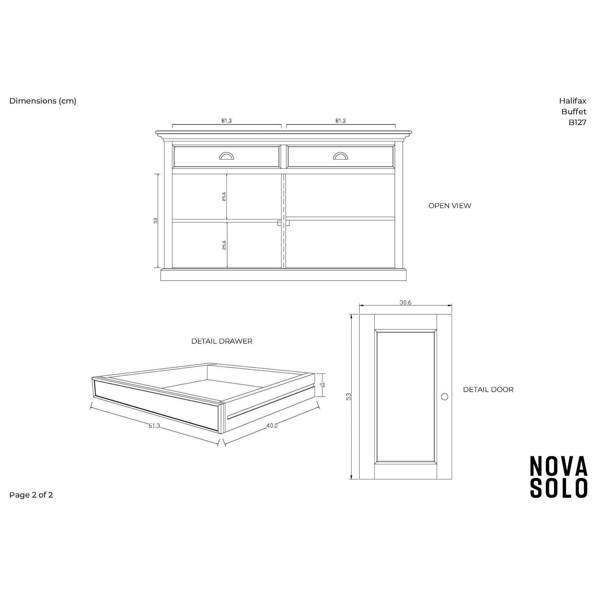 NovaSolo Halifax 57" Classic White Mahogany Buffet With 4 Doors & 3 Drawers