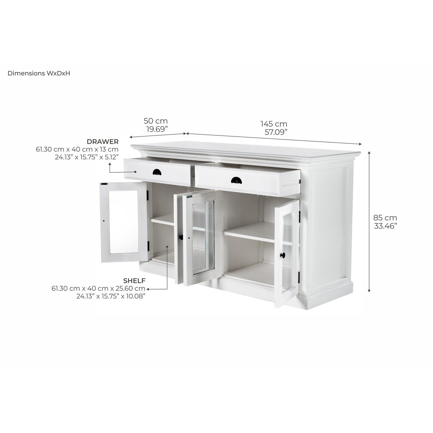 NovaSolo Halifax 57" Classic White Mahogany Buffet With 4 Glass Doors & 2 Drawers