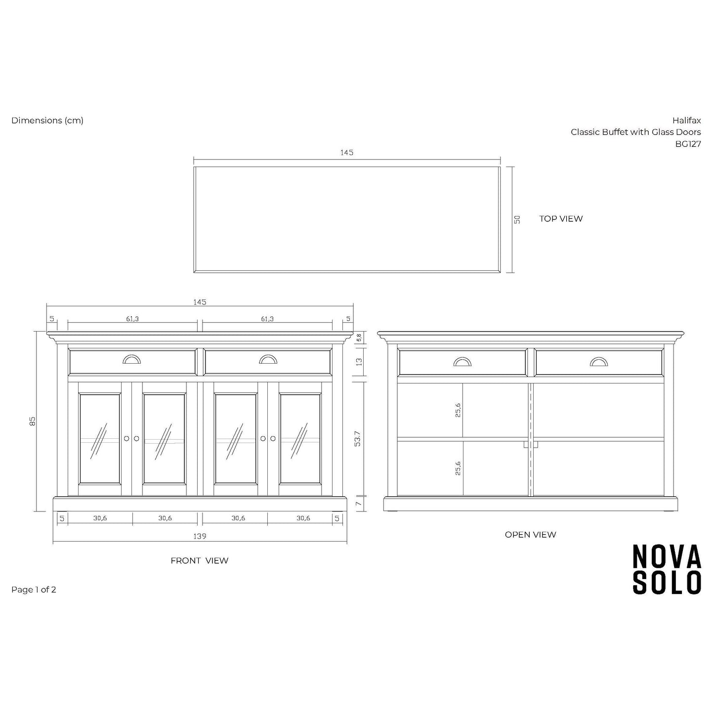 NovaSolo Halifax 57" Classic White Mahogany Buffet With 4 Glass Doors & 2 Drawers