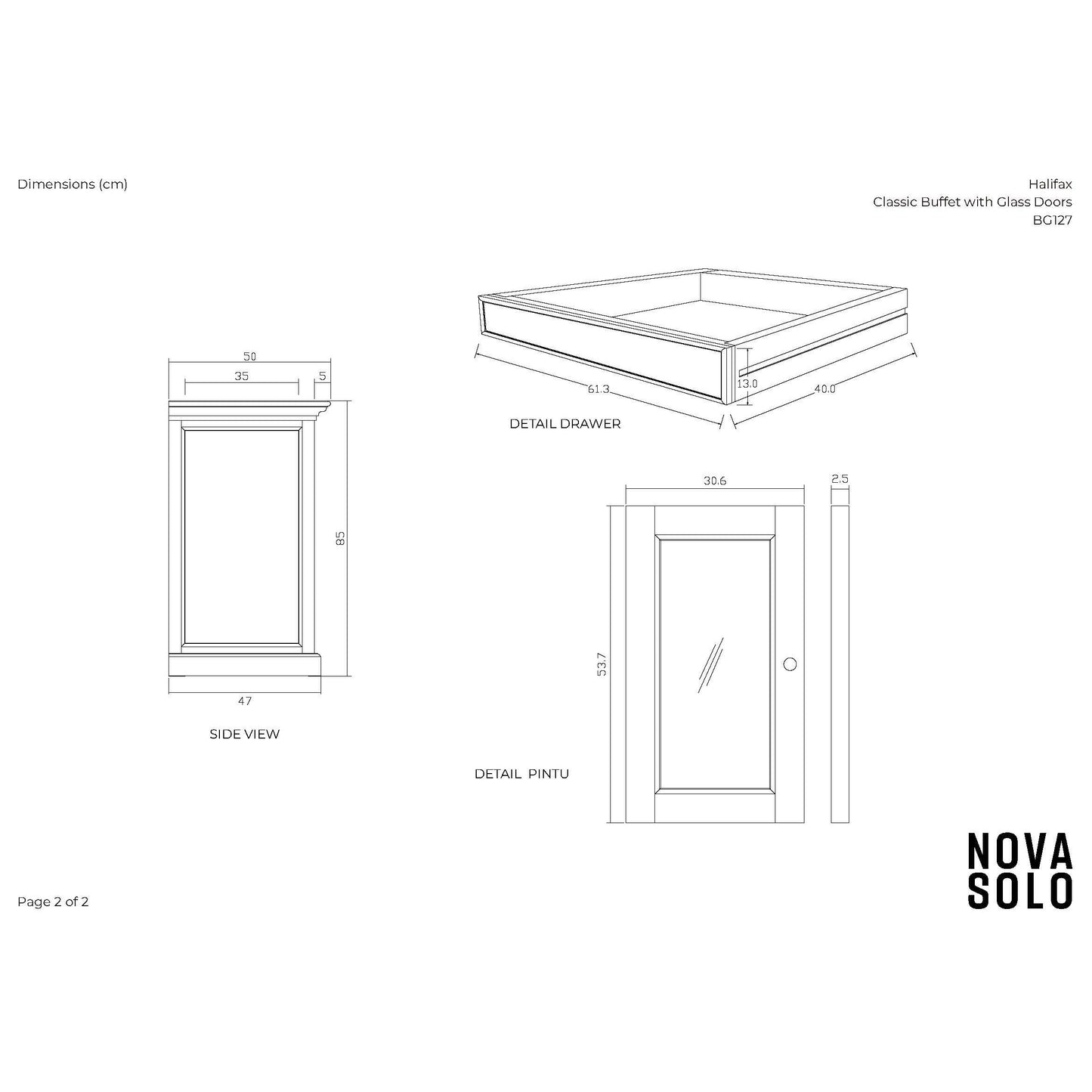 NovaSolo Halifax 57" Classic White Mahogany Buffet With 4 Glass Doors & 2 Drawers