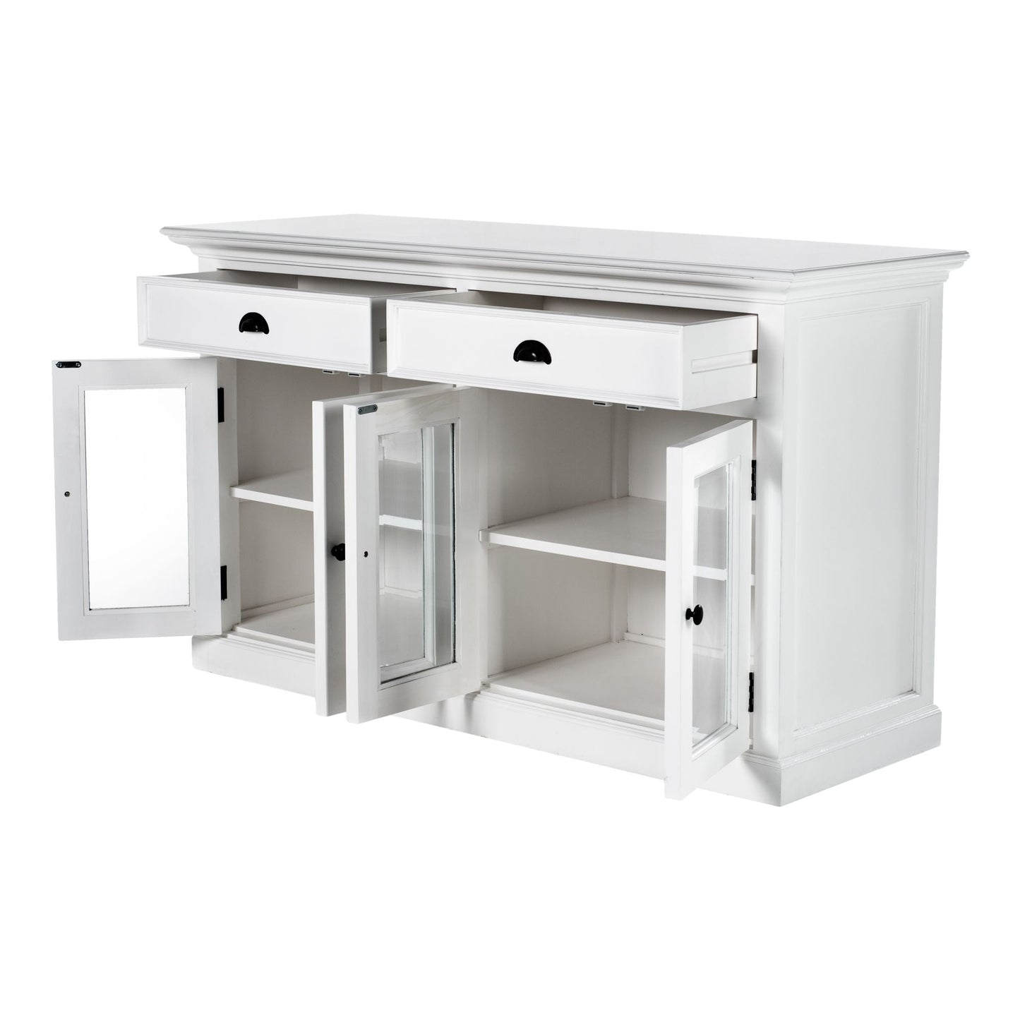 NovaSolo Halifax 57" Classic White Mahogany Buffet With 4 Glass Doors & 2 Drawers