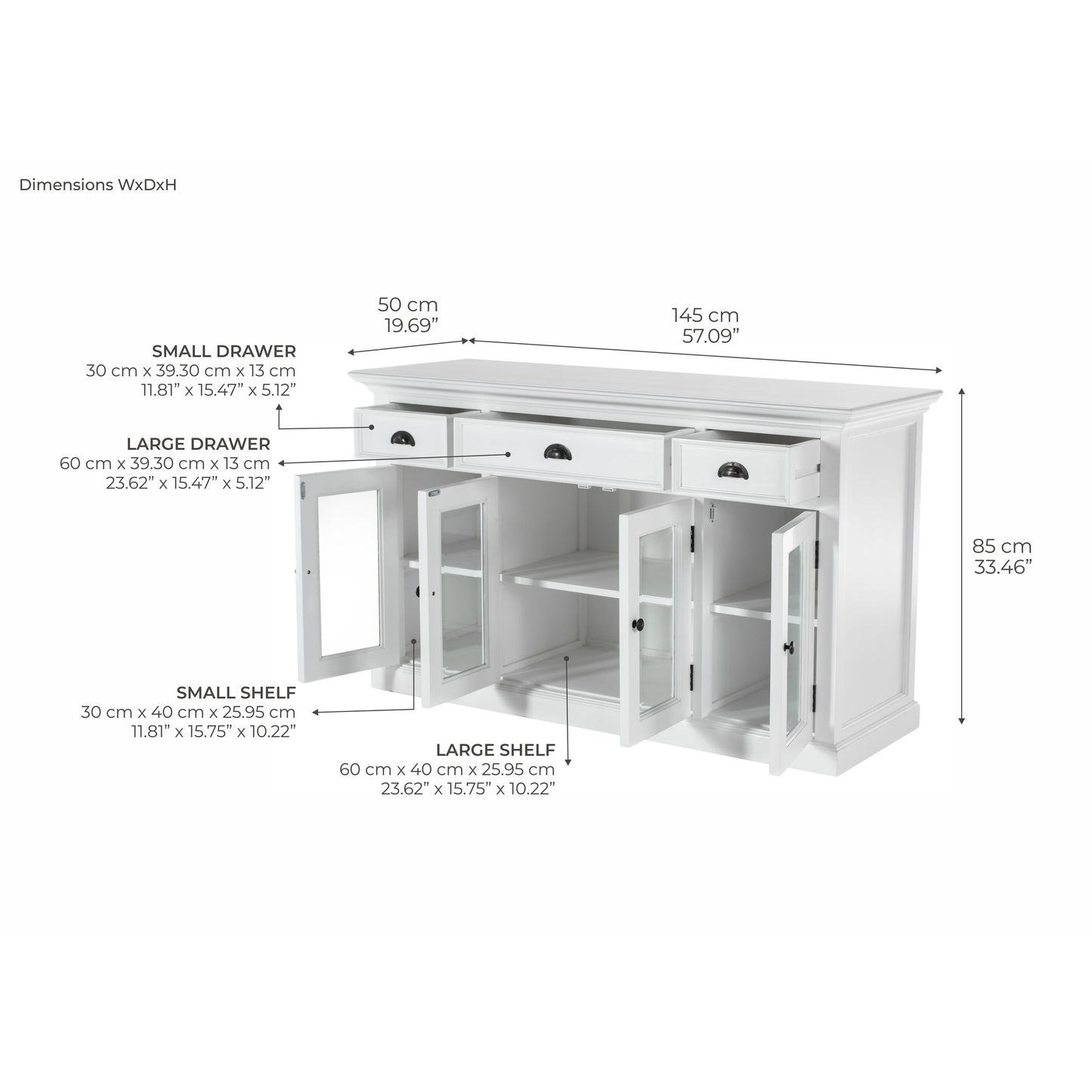 NovaSolo Halifax 57" Classic White Mahogany Buffet With 4 Glass Doors & 3 Drawers