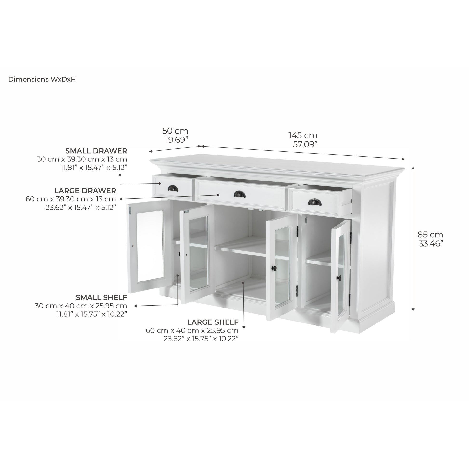 NovaSolo Halifax 57" Classic White Mahogany Buffet With 4 Glass Doors & 3 Drawers