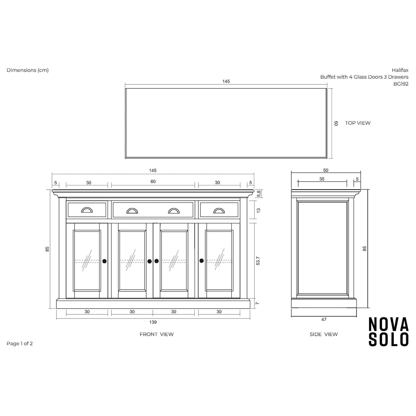 NovaSolo Halifax 57" Classic White Mahogany Buffet With 4 Glass Doors & 3 Drawers