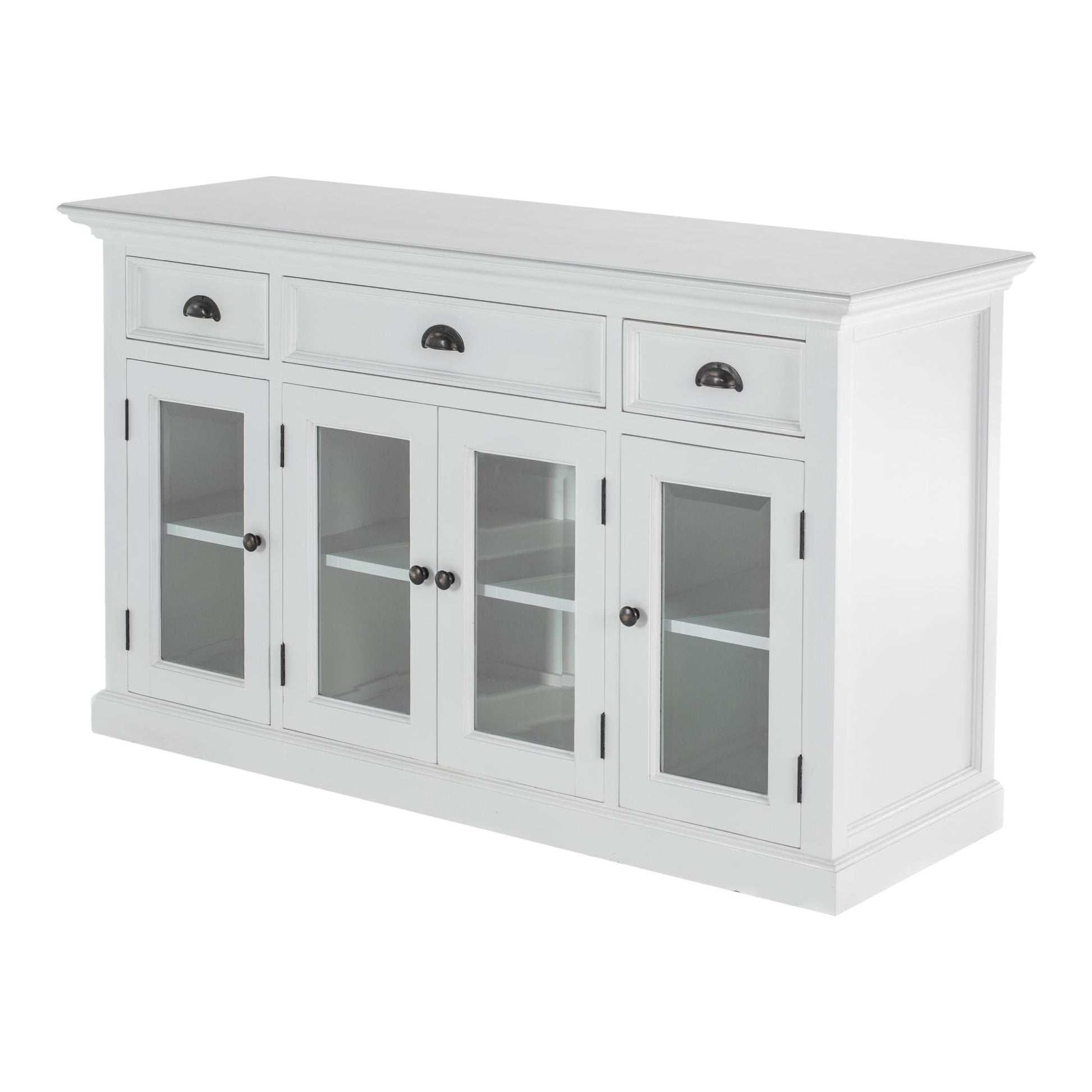 NovaSolo Halifax 57" Classic White Mahogany Buffet With 4 Glass Doors & 3 Drawers