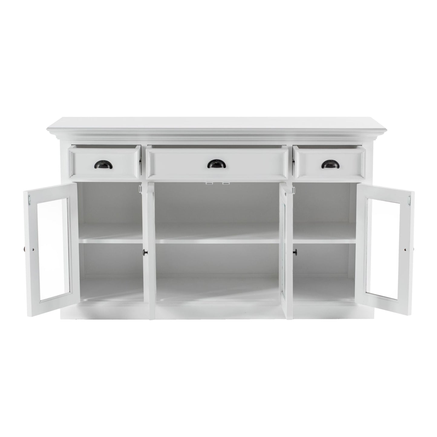 NovaSolo Halifax 57" Classic White Mahogany Buffet With 4 Glass Doors & 3 Drawers