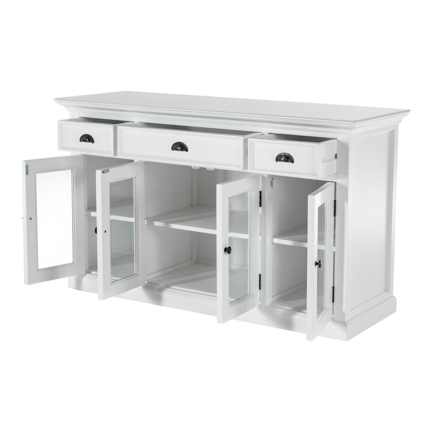 NovaSolo Halifax 57" Classic White Mahogany Buffet With 4 Glass Doors & 3 Drawers