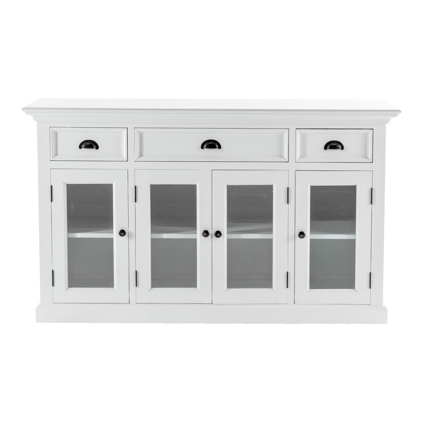 NovaSolo Halifax 57" Classic White Mahogany Buffet With 4 Glass Doors & 3 Drawers