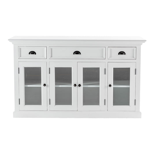 NovaSolo Halifax 57" Classic White Mahogany Buffet With 4 Glass Doors & 3 Drawers