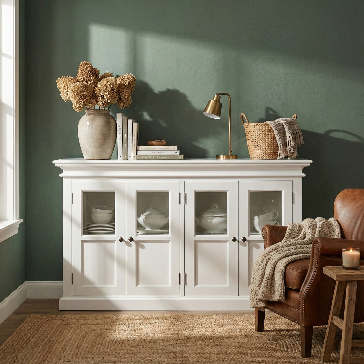 NovaSolo Halifax 57" Classic White Mahogany Buffet With 4 Glass Doors
