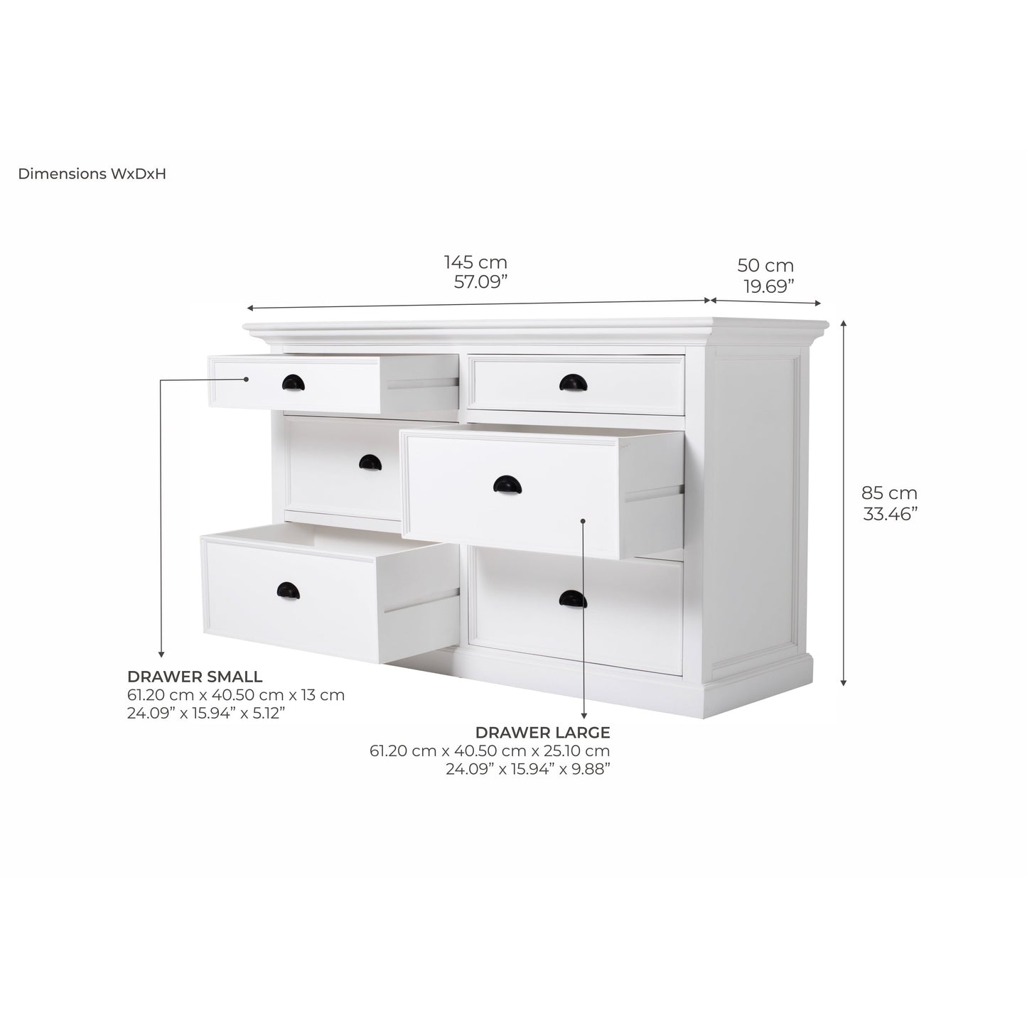 NovaSolo Halifax 57" Classic White Mahogany Buffet With 6 Drawers