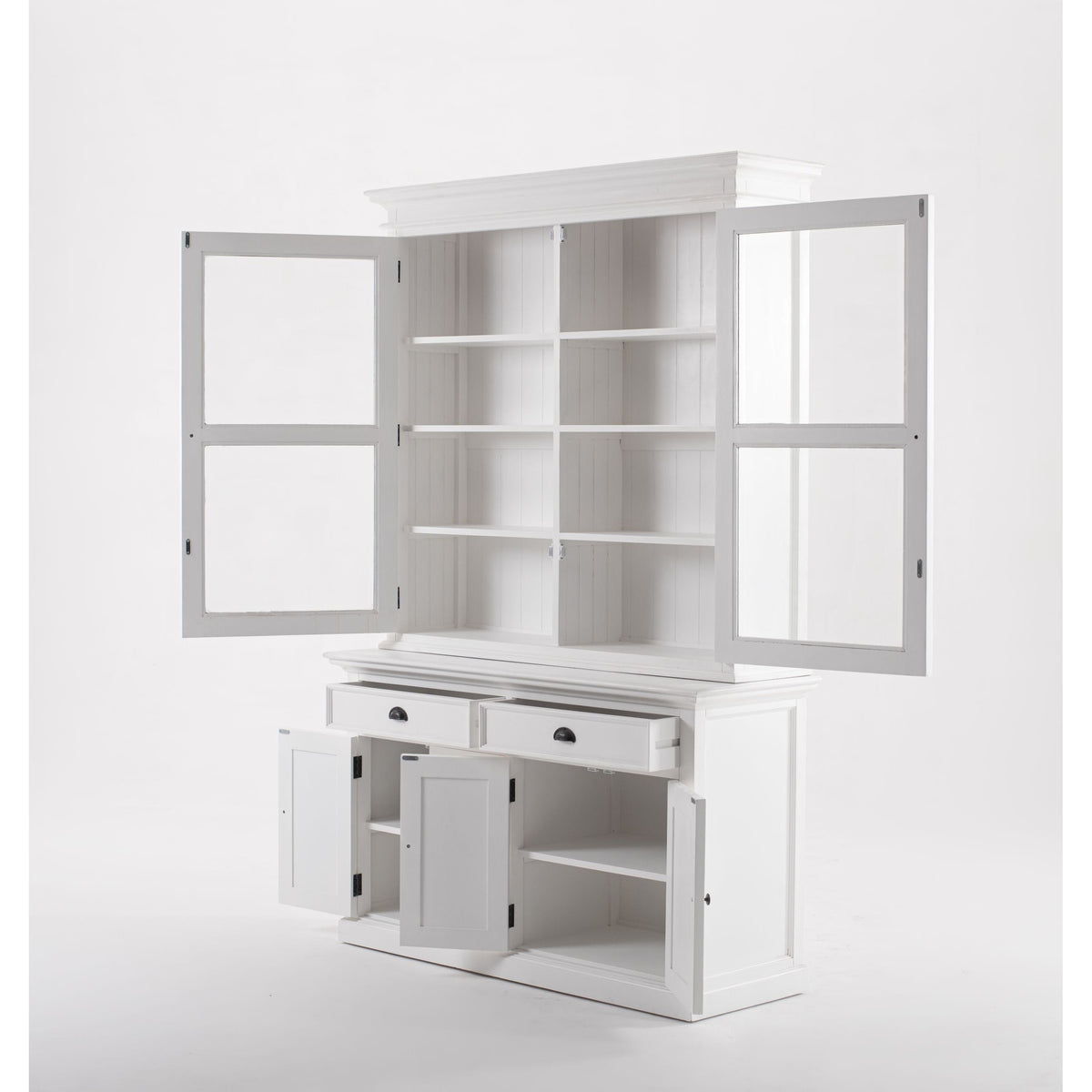 NovaSolo Halifax 57" Classic White Mahogany Glass Display Hutch Cabinet With 6 Doors & 2 Drawers