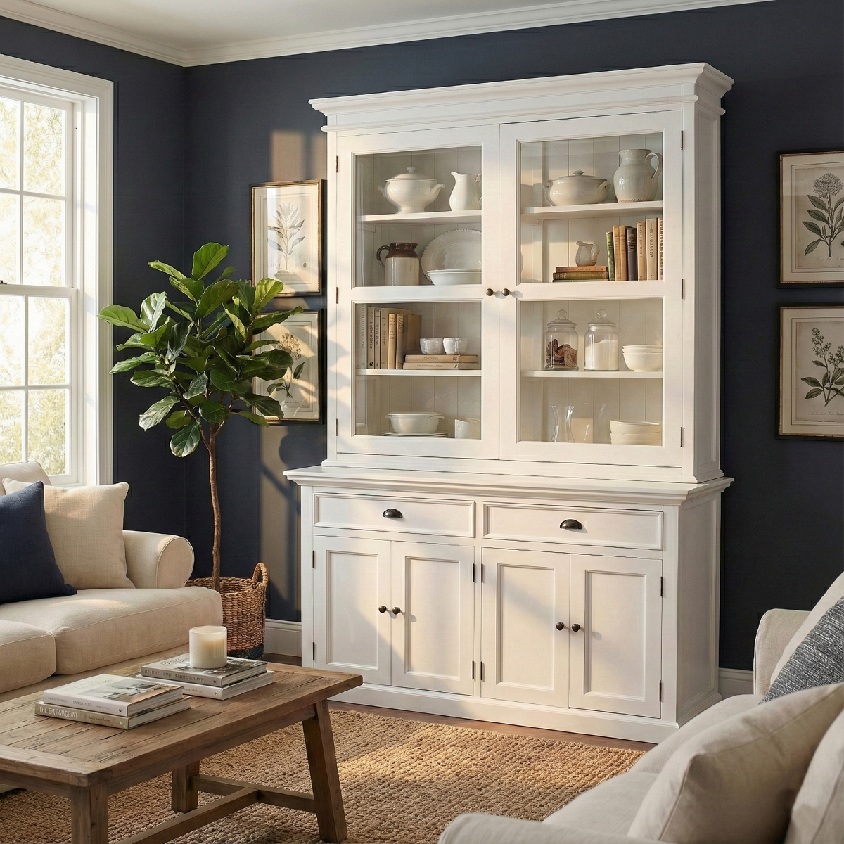 NovaSolo Halifax 57" Classic White Mahogany Glass Display Hutch Cabinet With 6 Doors & 2 Drawers