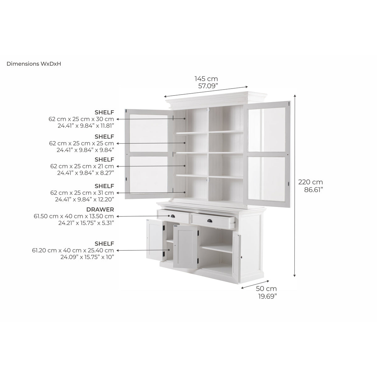 NovaSolo Halifax 57" Classic White Mahogany Glass Display Hutch Cabinet With 6 Doors & 2 Drawers
