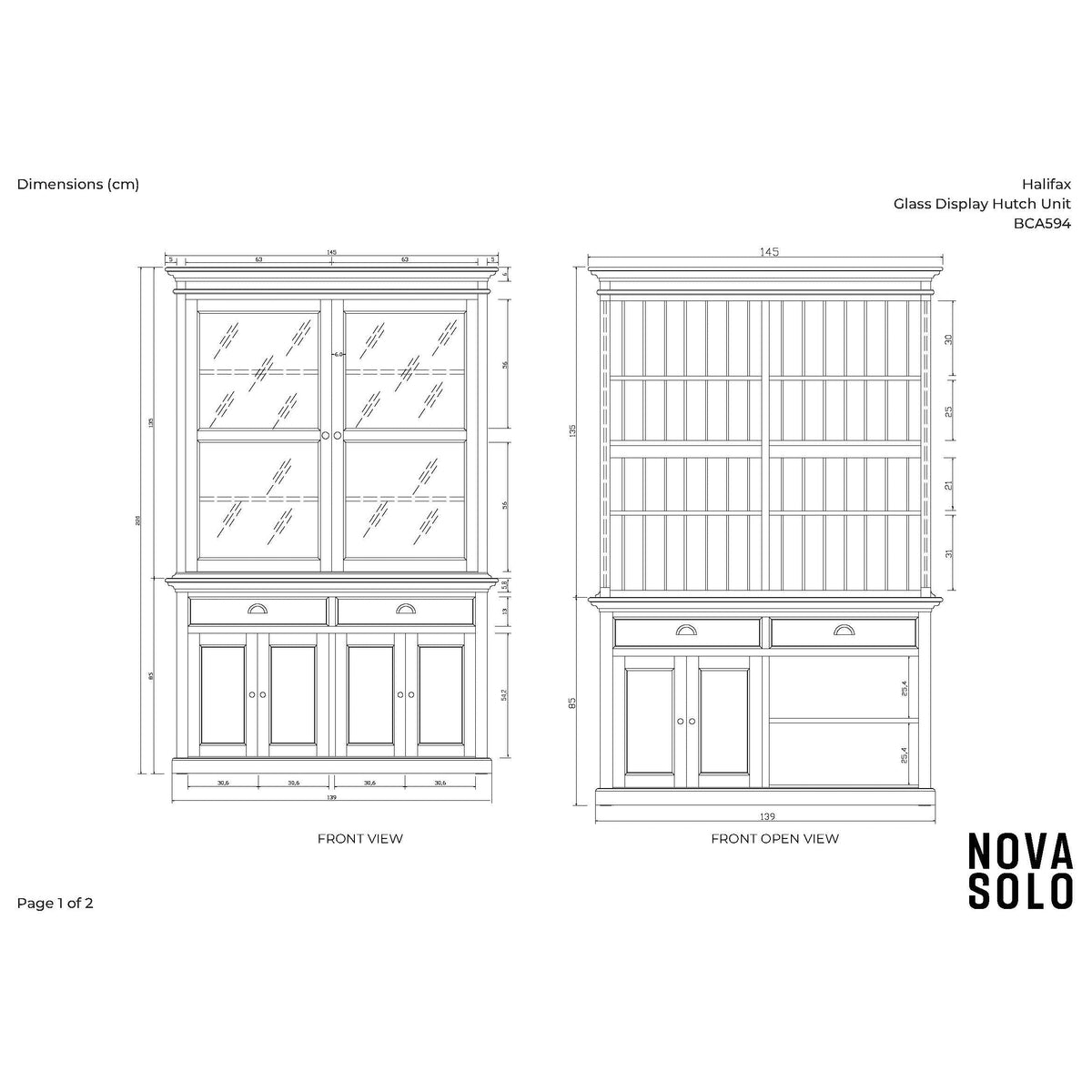 NovaSolo Halifax 57" Classic White Mahogany Glass Display Hutch Cabinet With 6 Doors & 2 Drawers