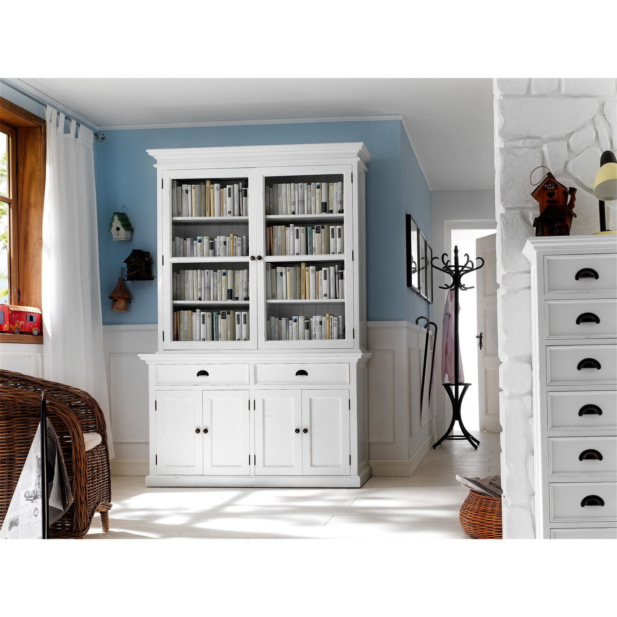 NovaSolo Halifax 57" Classic White Mahogany Glass Display Hutch Cabinet With 6 Doors & 2 Drawers