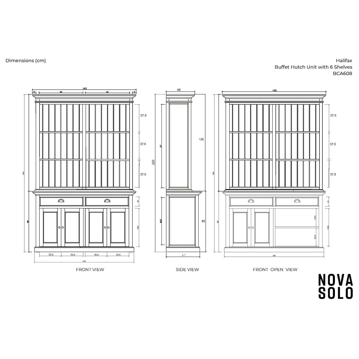 NovaSolo Halifax 57" Classic White Mahogany Hutch Cabinet With 4 Doors & 6 Shelves