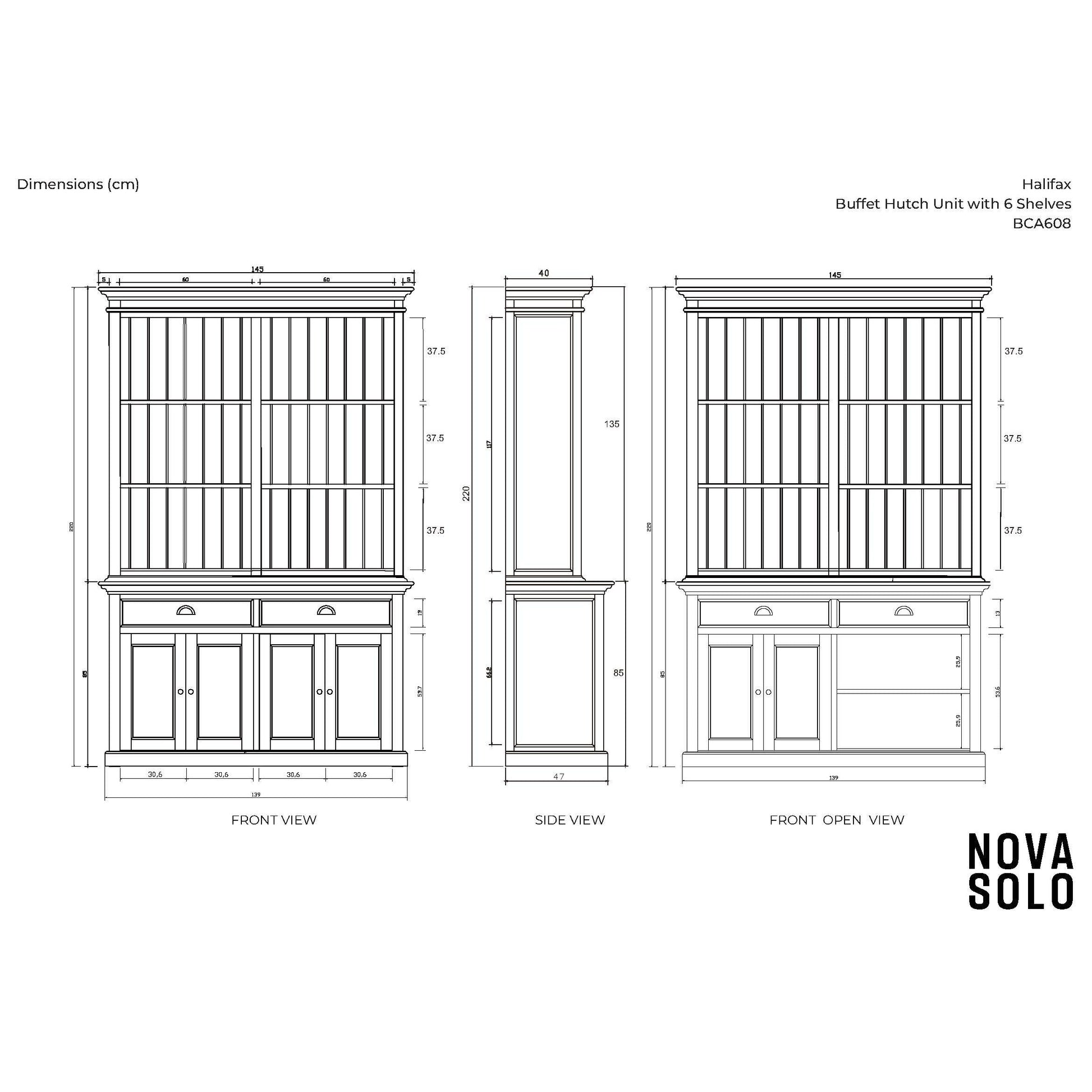 NovaSolo Halifax 57" Classic White Mahogany Hutch Cabinet With 4 Doors & 6 Shelves