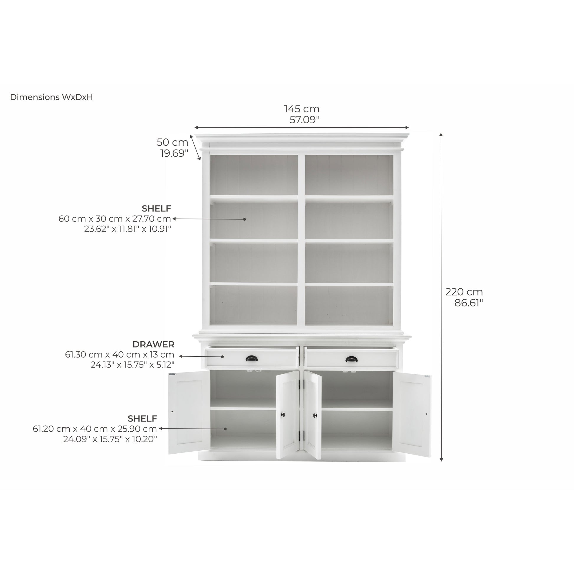 NovaSolo Halifax 57" Classic White Mahogany Hutch Cabinet With 4 Doors & 8 Shelves