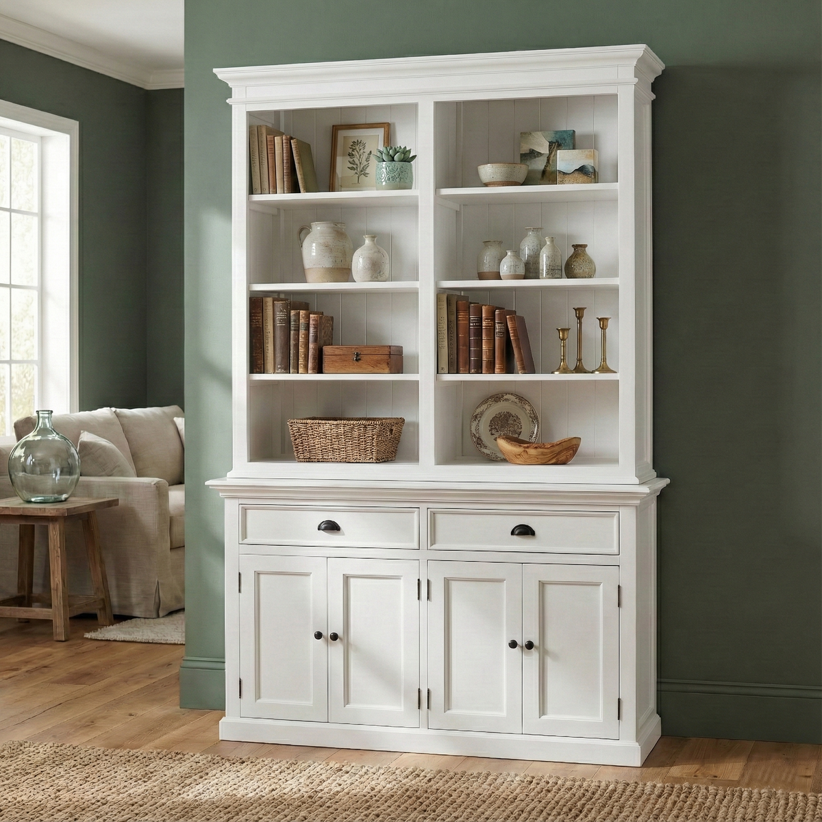 NovaSolo Halifax 57" Classic White Mahogany Hutch Cabinet With 4 Doors & 8 Shelves