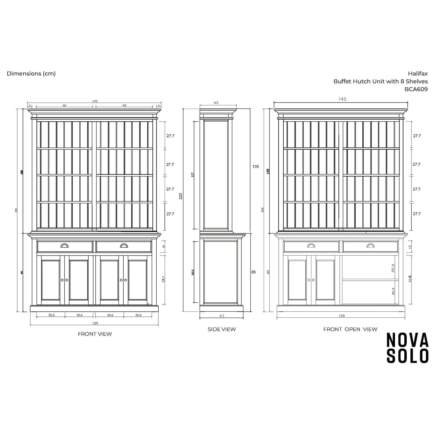 NovaSolo Halifax 57" Classic White Mahogany Hutch Cabinet With 4 Doors & 8 Shelves