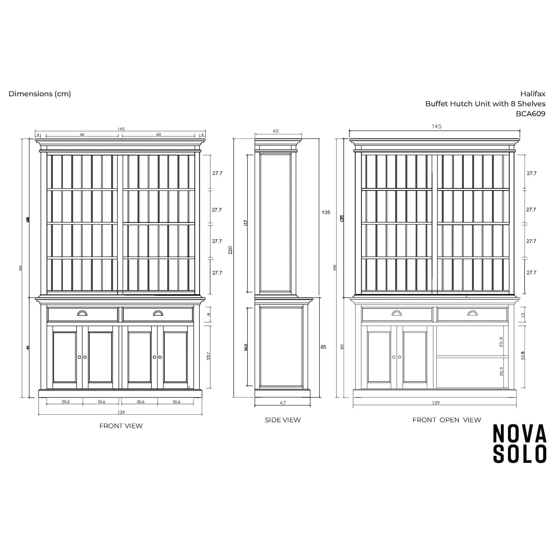 NovaSolo Halifax 57" Classic White Mahogany Hutch Cabinet With 4 Doors & 8 Shelves