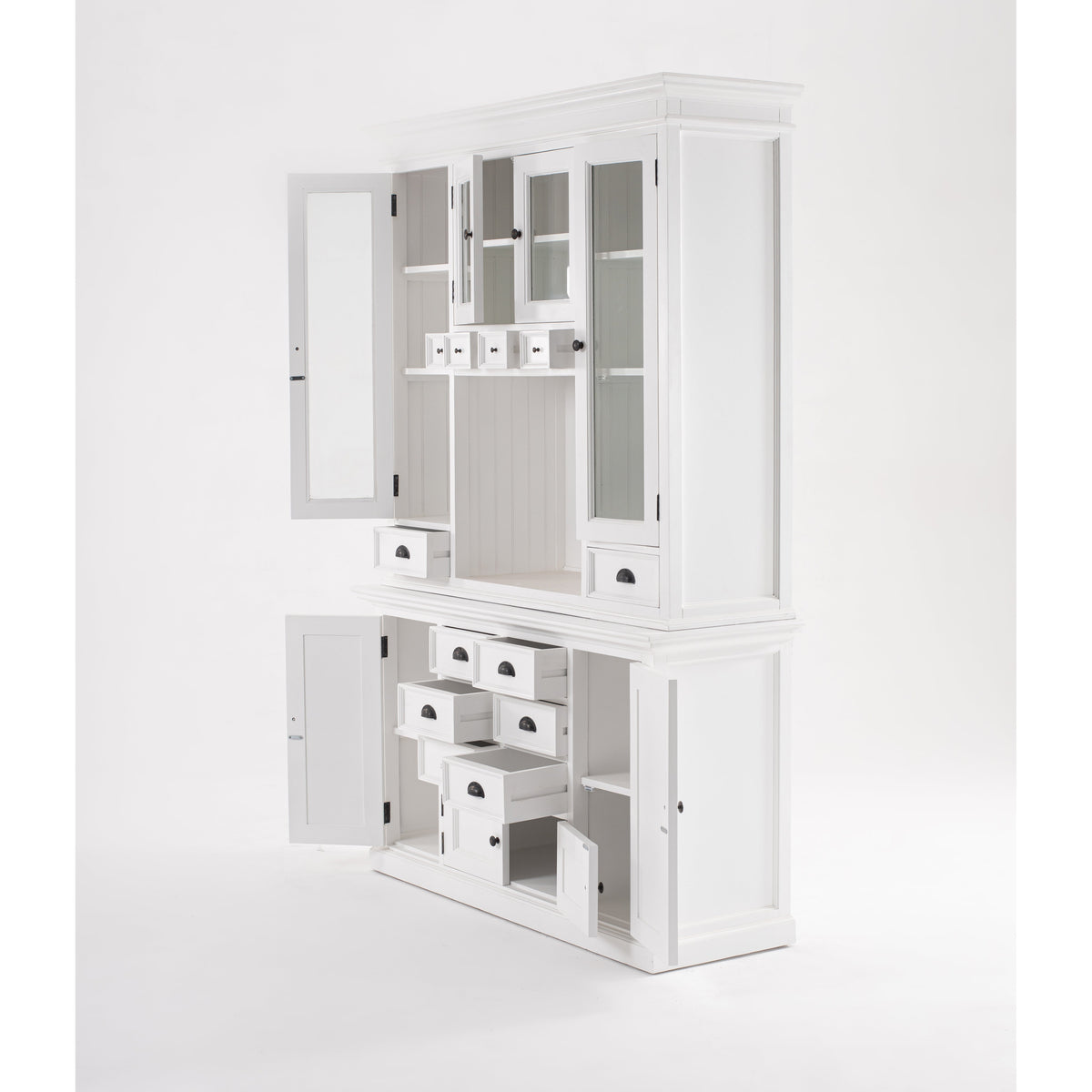 NovaSolo Halifax 57" x 87" White Mahogany Wood Kitchen Hutch Cabinet With Drawers And Glass Doors