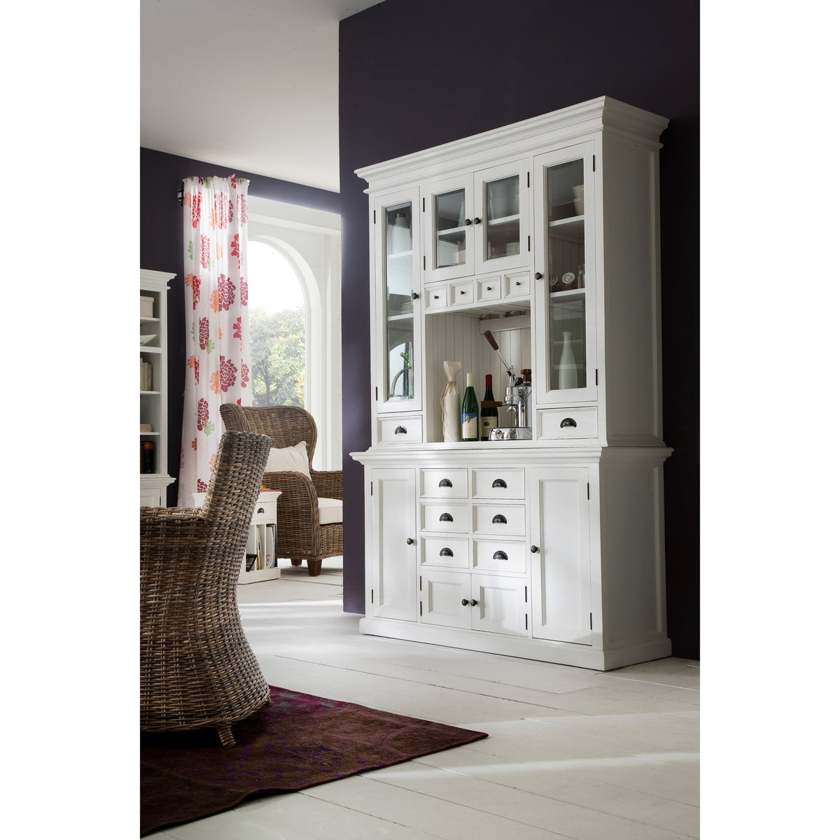 NovaSolo Halifax 57" x 87" White Mahogany Wood Kitchen Hutch Cabinet With Drawers And Glass Doors