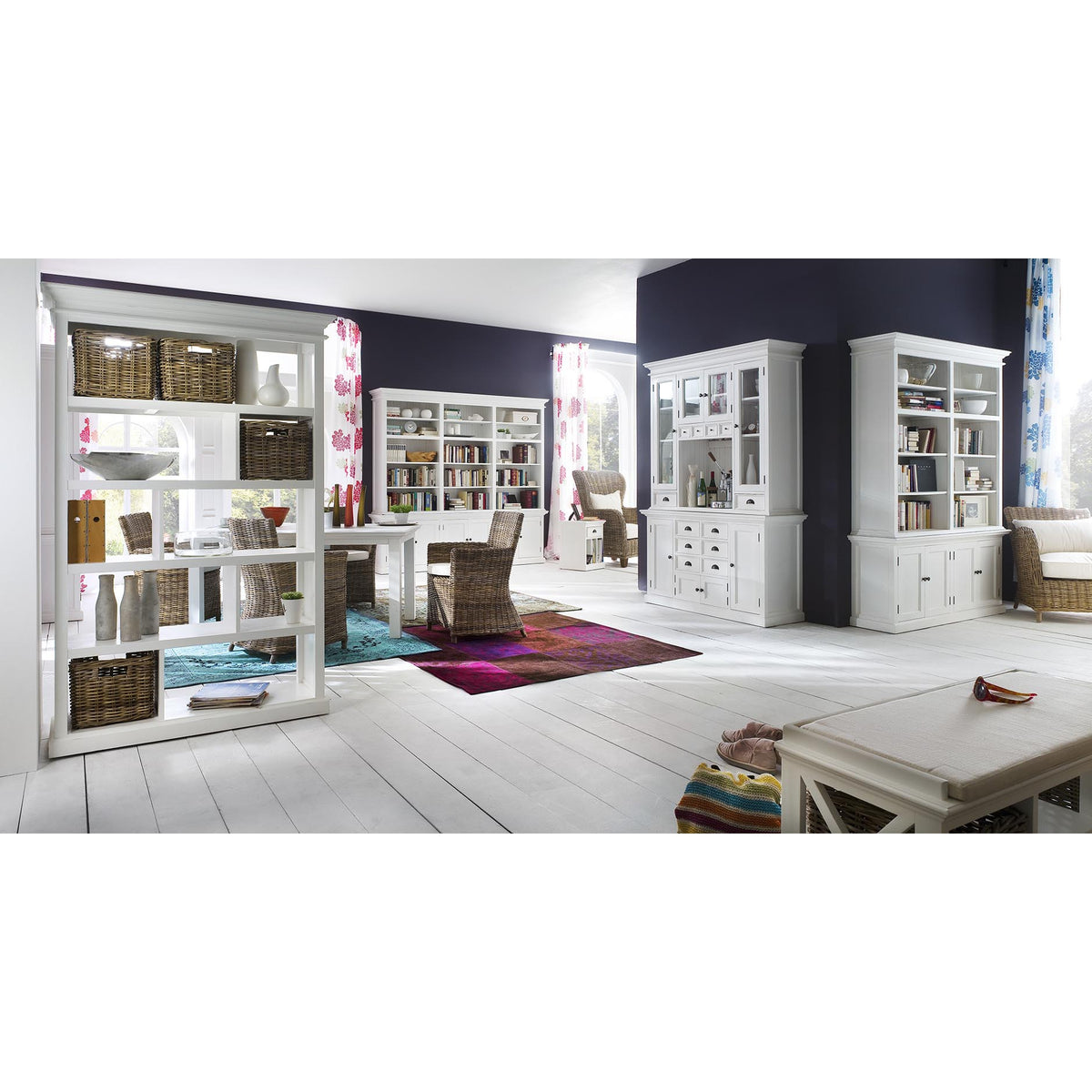 NovaSolo Halifax 57" x 87" White Mahogany Wood Kitchen Hutch Cabinet With Drawers And Glass Doors