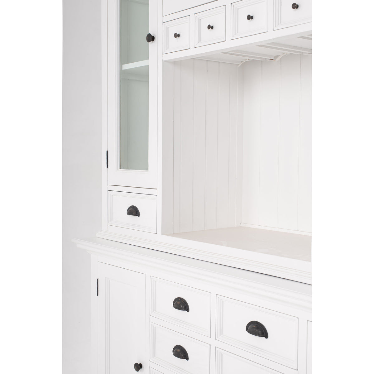 NovaSolo Halifax 57" x 87" White Mahogany Wood Kitchen Hutch Cabinet With Drawers And Glass Doors