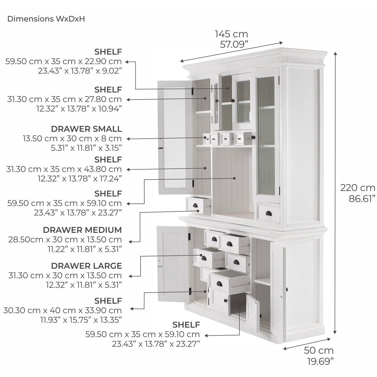 NovaSolo Halifax 57" x 87" White Mahogany Wood Kitchen Hutch Cabinet With Drawers And Glass Doors