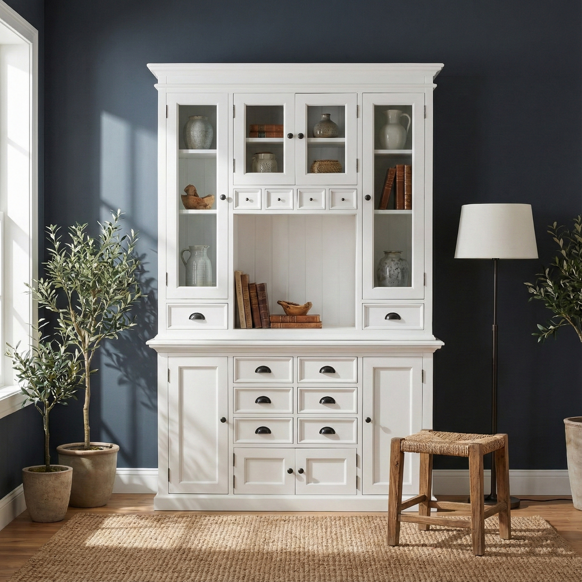 NovaSolo Halifax 57" x 87" White Mahogany Wood Kitchen Hutch Cabinet With Drawers And Glass Doors
