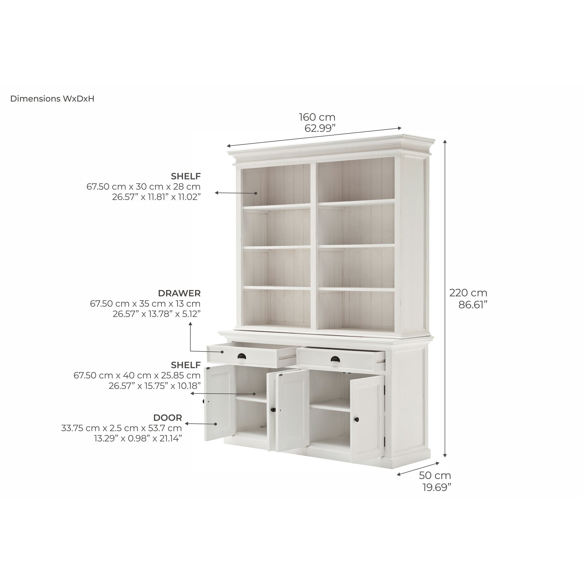 NovaSolo Halifax 63" Classic White Mahogany Bookcase Hutch Cabinet With 4 Doors & 8 Shelves