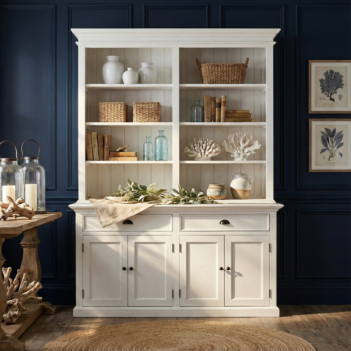 NovaSolo Halifax 63" Classic White Mahogany Bookcase Hutch Cabinet With 4 Doors & 8 Shelves